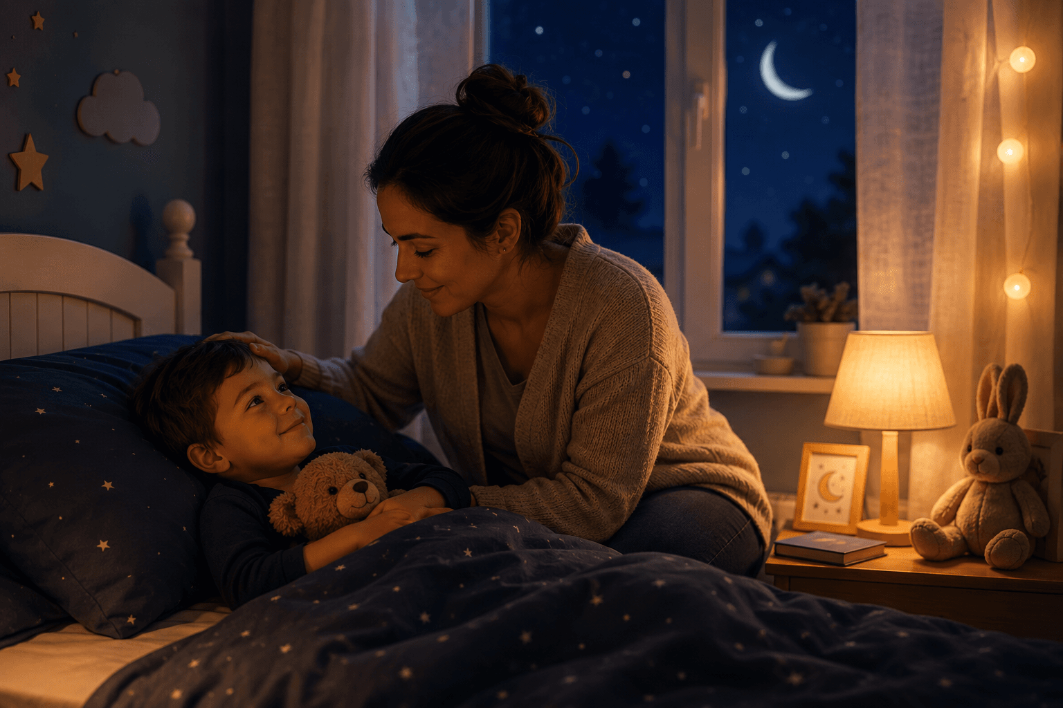 A parent tucking in their child at bedtime in a warm, dimly lit bedroom